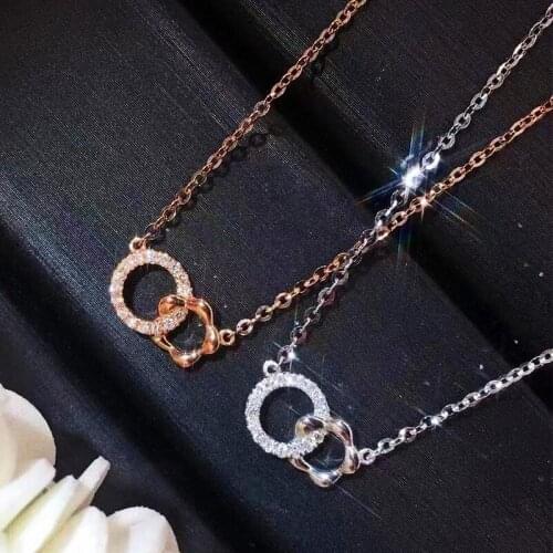 Cute Round Buckle Pendant with Bling Zircon Stone Silver Rose Gold Long Chain Necklace Choker for Women Fashion Jewelry