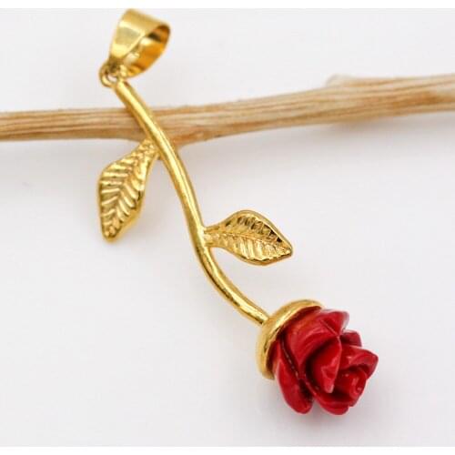 Trendy Gold Plated Red Rose Plant Resin Flower Pendant With Copper For Women Girls Fashion Jewelry Accessories Party Wedding Gi