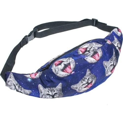 15PCS / LOT Fashion 3D Print Cat Hamburg Dollar Pattern Waist Bags Women Outdoor Chest Shoulder Bags Men Zipper Waist Pack