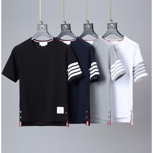 TB THOM Brand Men Cotton T-Shirt Cotton Striped High Quality Women Top Short Sleeve Korean Design Summer Couple Clothing