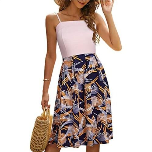 2021 Summer New Elegant Sling Dresses Flower Print Color Matching Stitching Suspender Dress Short Skirt Fashion Womens Clothing