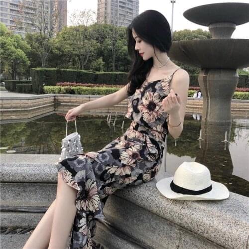 New Summer Women Floral Print Spaghetti Strap Tank +High Waist Mermaid Midi Skirts Sets Ruffles Holiday Vintage Suits