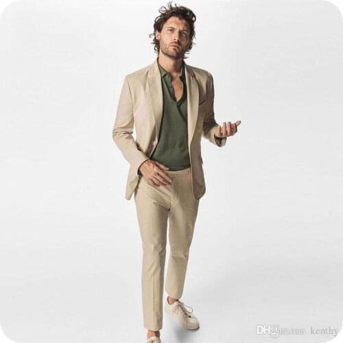 Summer Khaki Man Blazer Jacket Business Coat Pant Skinny Notched Lapel Costume Homme 2Piece Slim Fit Best Man Suit Mens Wedding