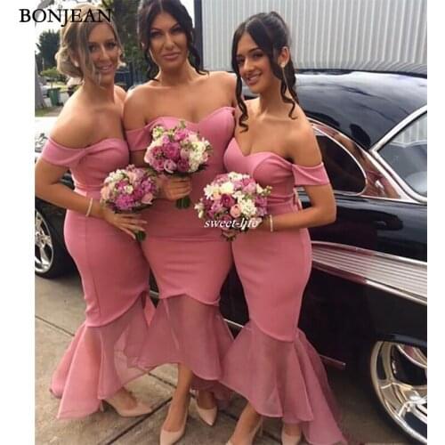 Trumpet Bridesmaid Dresses Sexy Off the Shoulder Pink Satin Hi Lo 2019 Mermaid Plus Size Wedding Party Bridesmaid Dress