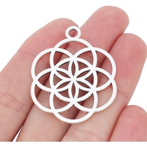 10 x Silver Color Large Flower of Life Charms Pendants Double Sided for Necklaces Jewelry Making Findings Accessories 42x34mm