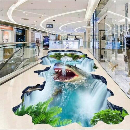 Beibehang Custom large floor shark waterfall hanging mountain 3D stereo outdoor painting floor tiles painting wall paper
