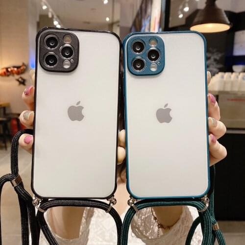 For iPhone 12 Pro Max Candy Color Clear Shockproof Case for iPhone 12 Mini Necklace Cord Chain Hanging Rope Crossbody Soft Cover