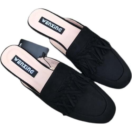 Flock Leather Womens Slippers Flip Flops 2021 British Style Square Toes Summer Flat Mules Shoes Ladies Big Size Casual Slides
