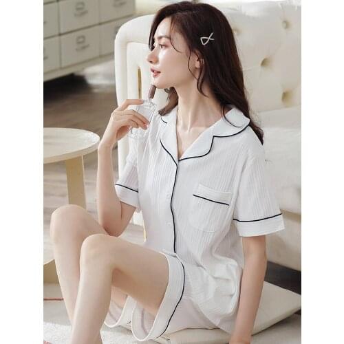 Shorts Women' Pajamas Cotton Sleepwear Pink Stripe Nightwear PJ Set Summer Pijama White Cotton Pyjamas Femme 2PCS Home Clothes