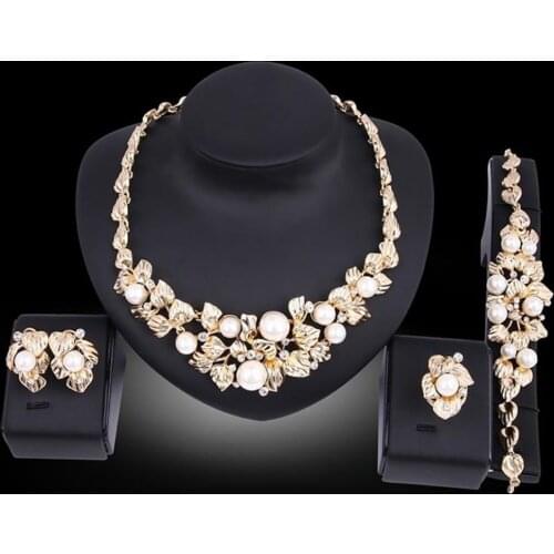 Wedding Jewelry Set Necklace Ring Bracelet Elegant Simulated Pearl Bridal Leaf Crystal Gold Plated Necklaces Earrings Sets