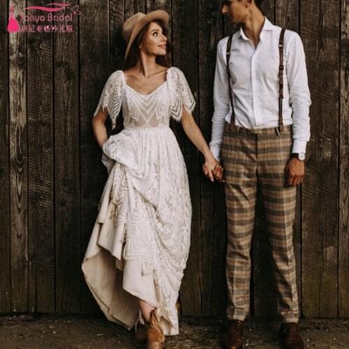 Unique Lace Boho Wedding Dress Scoop Neck A Line Elegant Bridal Gowns Shoer Sleeve Robe de Soriee Chic ZW477