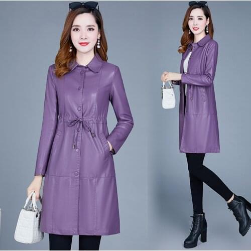 Spring coat ladies Pu leather coat mid-length autumn fashion motorcycle leather windbreaker faux leather slim black red purple