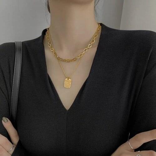 VSnow High Street 3 Layers Titanium Steel Square Pendant Necklace for Women Exquisite Mix Chunky Chain Letter Necklace Jewelry