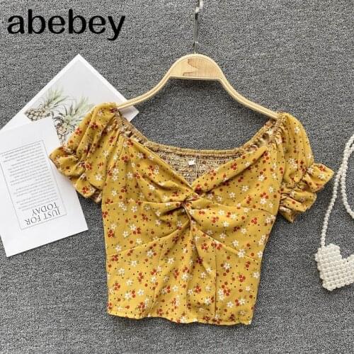 Women Korean Retro Print Blouse Sweet Puff Sleeve V Neck Slim Tops 2021 Summer Fashion Streetwear Short Blouses