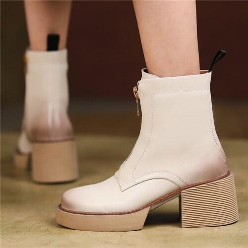 Military Oxfords Women Genuine Leather Round Toe Ankle Boots Motorcycle Zipper Chunky Creeper Shoe 34 35 36 37 38 39