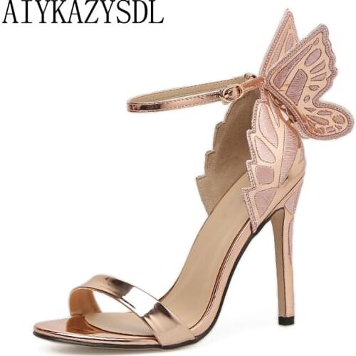 AIYKAZYSDL Women Sandals 3D Butterfly Wing Embroidery Sandals High Heel Shoes Woman Pumps Metallic Stiletto Wedding Party Dress