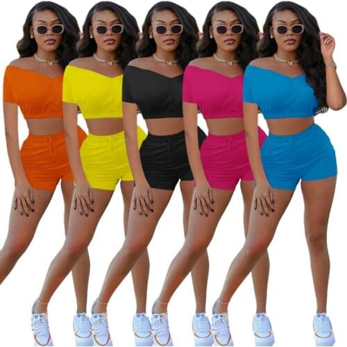 2021 New Summer Women V Collar Off-shoulder Solid Color Fashion Two-piece Set Sporty Fitness Tracksuit Shorts Set Female Outfits