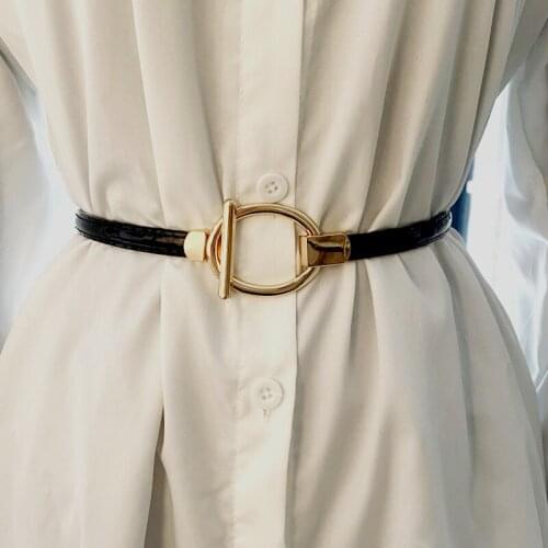 Women Gold Oval Buckle waistbands NEW faux leather adjustable Thin Belt Patent Leather cummerbunds Simple wedding coat waistband