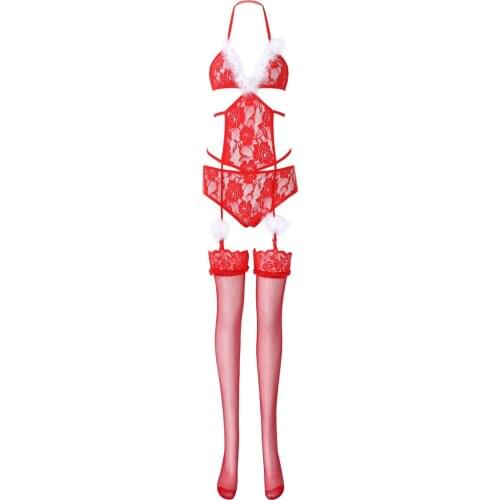 Womens Femme Floral Lace Sissy Lingerie Set Feather Trimmed Bodysuit Fancy Christmas Costumes Bikini Leotard with Stockings