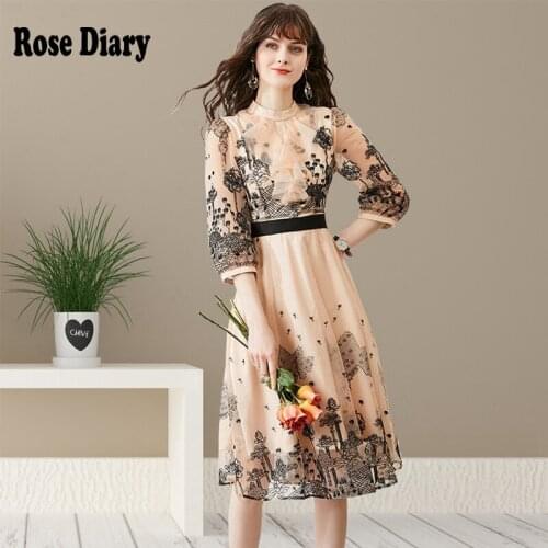 Womens Flower Embroidered Mesh Gauze Midi Dress Summer Half Sleeve Ruffles Elegant High Waist Mesh Office Ladies Vestidos