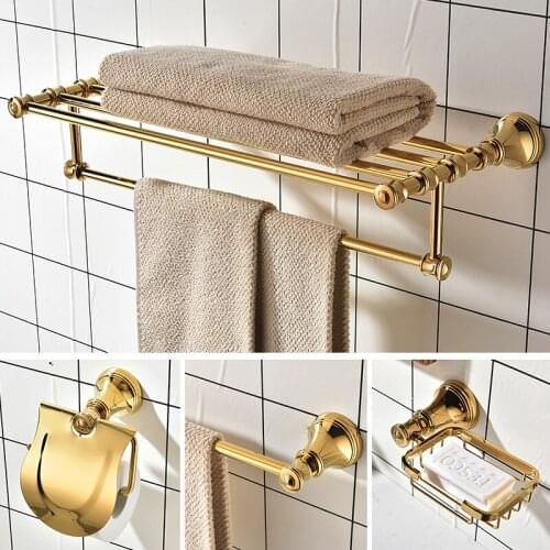 Gold Bathroom Hardware Accessory Series Soild Brass Towel Rack Paper/Toilet Brush Cups Holder Corner Shelf Soap Dish/Basket Hook