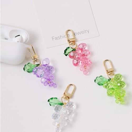 2021 Cute 3D Grapes Strass Rhinestone Arylic Crystal Pompom Car Keychain Key Chain Charm Pendant Ring AirPods Accessories D525