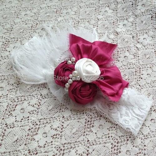 Free Shipping Dupioni Silk Roll Flower Ivory Ostrich Feather Headband Kids Hair Accessories