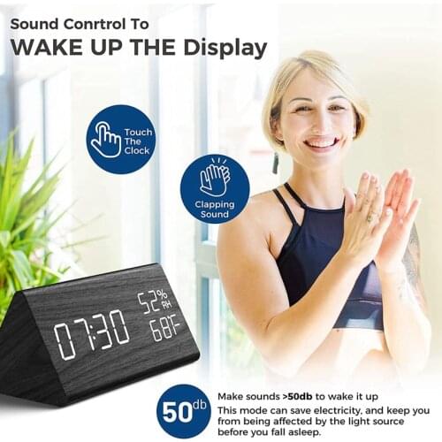 Digital Alarm Clock Electronic Humidity Temperature Detect Wood Design for Bedroom Bedside Desk Office Kids
