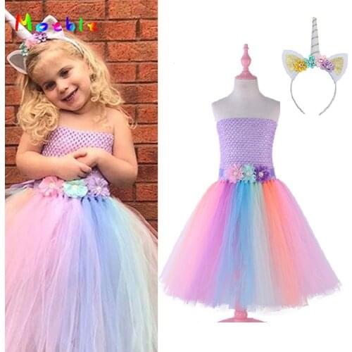 Girls flower Costume Princess long Dresses New 2019 Girls Prom Cosplay Tutu Dress With Headband Summer Dresses for kids Girls