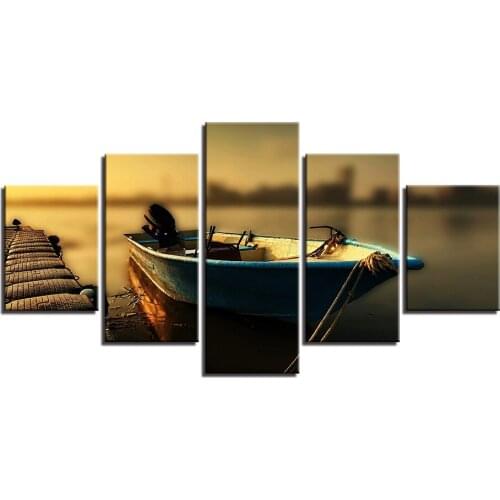 Framed Canvas HD Prints Pictures Living Room Home Decor Poster 5 Pieces Sunset Bridge Ship Boat Seascape Paintings Wall Art