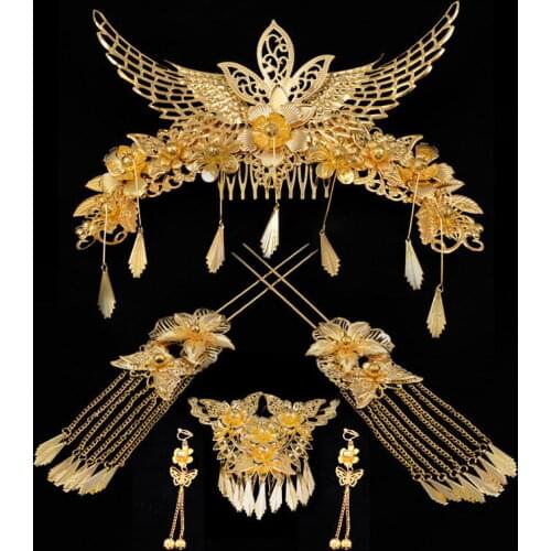 JaneVini Chinese Wedding Bride Metal Headband Costume Headdress Earring Set Wedding Bridal Hair Comb Hairclips Gold Headpiece