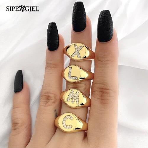 SIPENGJEL Fashion A-z Initial Signet Rings Punk Metal 26 Letters Crystal Rings For Women Adjustable Jewelry 2021