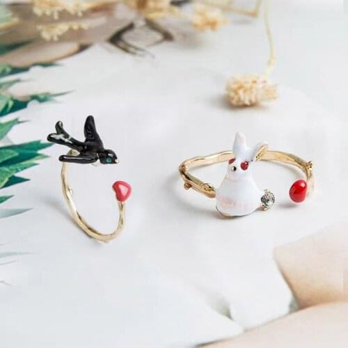 Beautiful Swallow Heart Charm Rings For Women Girl Gold Color Alloy Black Adjustable Open Ring Jewelry