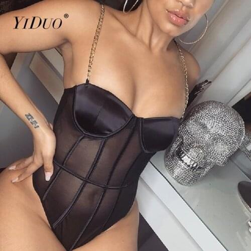 YiDuo Black Mesh Transparent Bodysuit Metal Chain Straps Backless Bodysuits Sexy Bodycon Jumpsuit Fashion Club Party White Pink