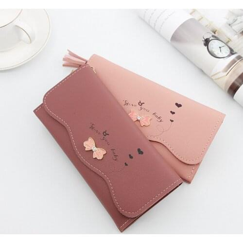 Women Wallets Bow Tri-fold Buckle Coin Purses Female Tassel Long Solid Color Pu Leather Card Holder Fashion Cartoon Money Bag