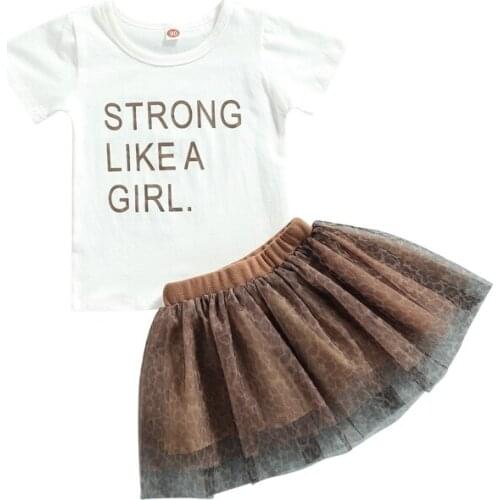 2 Pieces Kids Suit Set Summer Letter Print O-Neck Short Sleeve Tops+ Leopard Print Midi Skirt 2-7 Years