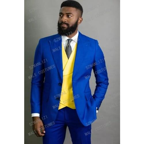 New Mens Royal Blue Slim Fit 3 Pieces Fashion Suit Yellow Double Breasted Vest Tuxedos For Men Wedding Suit Best Man Blazer