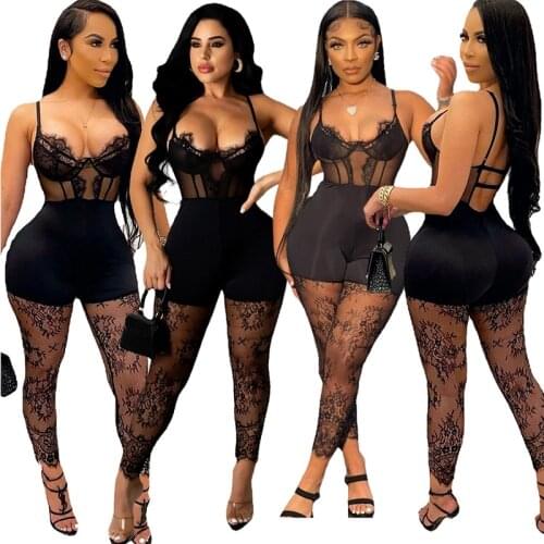 Lace Patchwork See Through Women Jumpsuits Black Spaghetti Strap Skinny One Piece Playsuit Summer Sexy Nightclub Party Outfits