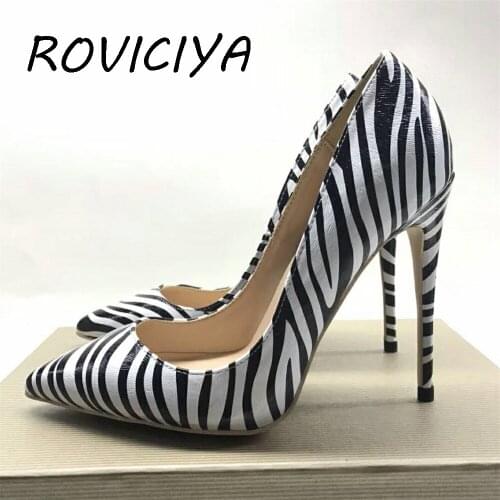 Zebra stripe black white 12cm high heels patent leather needle rivets shallow lipstick high heels shoes pump tide QP057 ROVICIYA