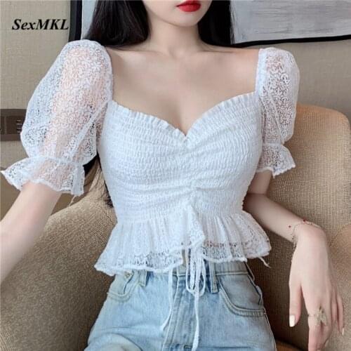 Summer Puff Sleeve Corset Top Blouse Women 2021 Fashion Casual Lace White Black Crop Top Korean Sexy Short Pink Blusas Mujer XL