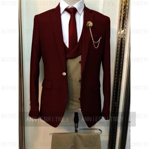 Tailor Made Fashion Gentleman Red Blazer Slim Fit Groom Tuxedo For Wedding Dress Beach Party Male Clothing (Jacket+Pants+Vest)