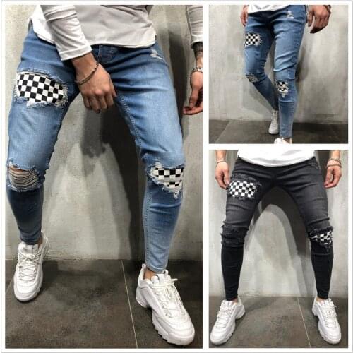 Mens Hole Checkerboard Plaid Patchwork Hip Hop Jeans Trendy Patches Design Black Ripped Distressed Denim Long Pants Streetwear
