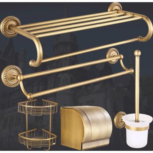 Solid Brass Antique Bathroom Hardware Accessories Set European Style Carved Luxury Bathroom Products Brushed Towel Ring