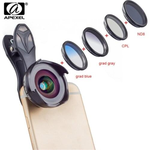 APEXEL 6in1 Phone Camera Lenses Filter Kit HD Professional Wide Angle/Macro Lens with Grad Filter CPL ND Filter for Android IOS