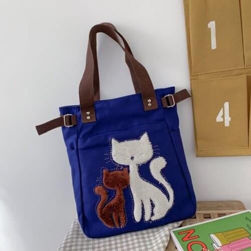 New Canvas Shoulder Bag Cute Cat Female Handbag Print Small Reusable Casual Shopping Bag Female Mummy Bag
