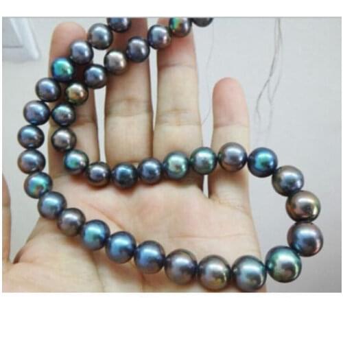Genuine 9-10mm multicolor tahitian black pearl necklace 18inch 14k/20 clasp