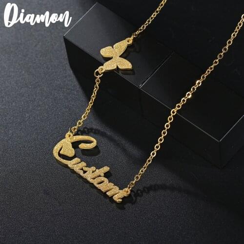 Diamon New Customized Stainless Steel Frosted Name Necklace Personalized Letter Gold Butterfly Choker Pendant Nameplate Gift
