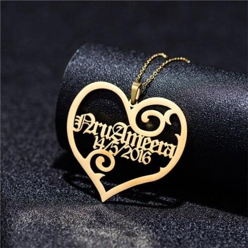 Custom Heart Shaped Necklace For Women And Girl Personalized Family Gift Stainless Steel Old English Number Collar Chunky Choker