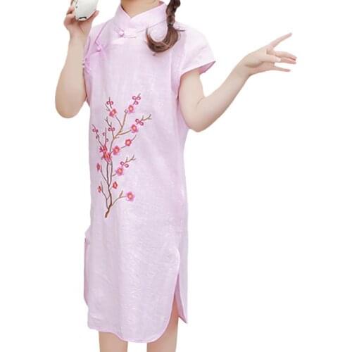 Girl Short Sleeve Cheongsam Chinese Style Embroidery Cotton Dress for New Year Cheongsam Chinese Style Embroidery Cotton Dress