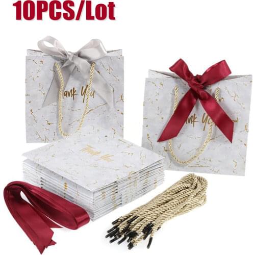 10PC Marble Pattern Thank You Printed Gift Bags with Ribbons for Wedding Birthday Christmas Party Baby Shower Wrapping Bag Boxes